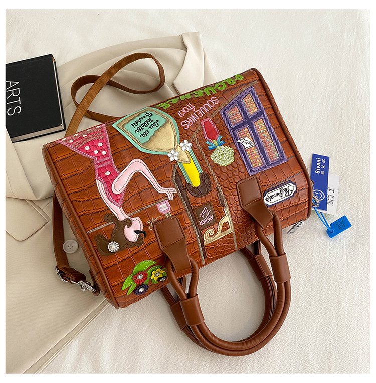 Cross Body Patchwork Embroidered Tablet-Friendly Boston Bag