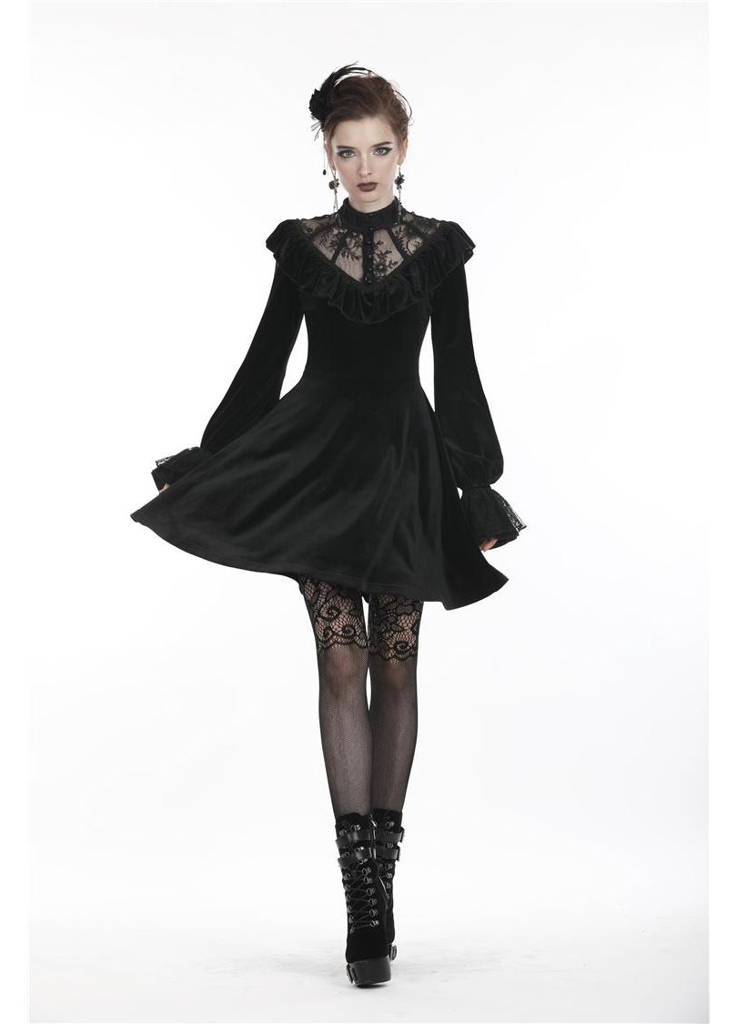 Dark In Love Avina Black Velvet Dress, Lace Neckline Long-Sleeve Dress