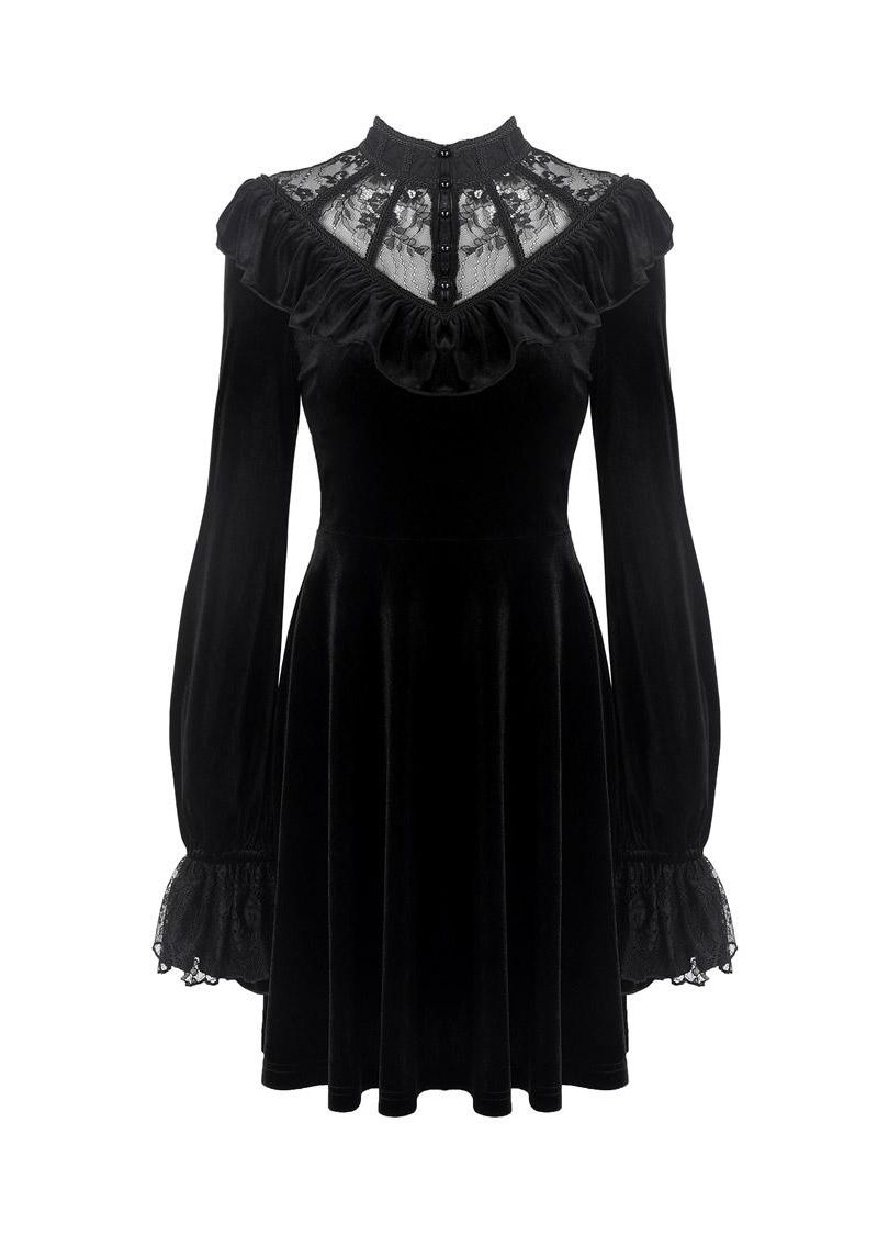 Dark In Love Avina Black Velvet Dress, Lace Neckline Long-Sleeve Dress