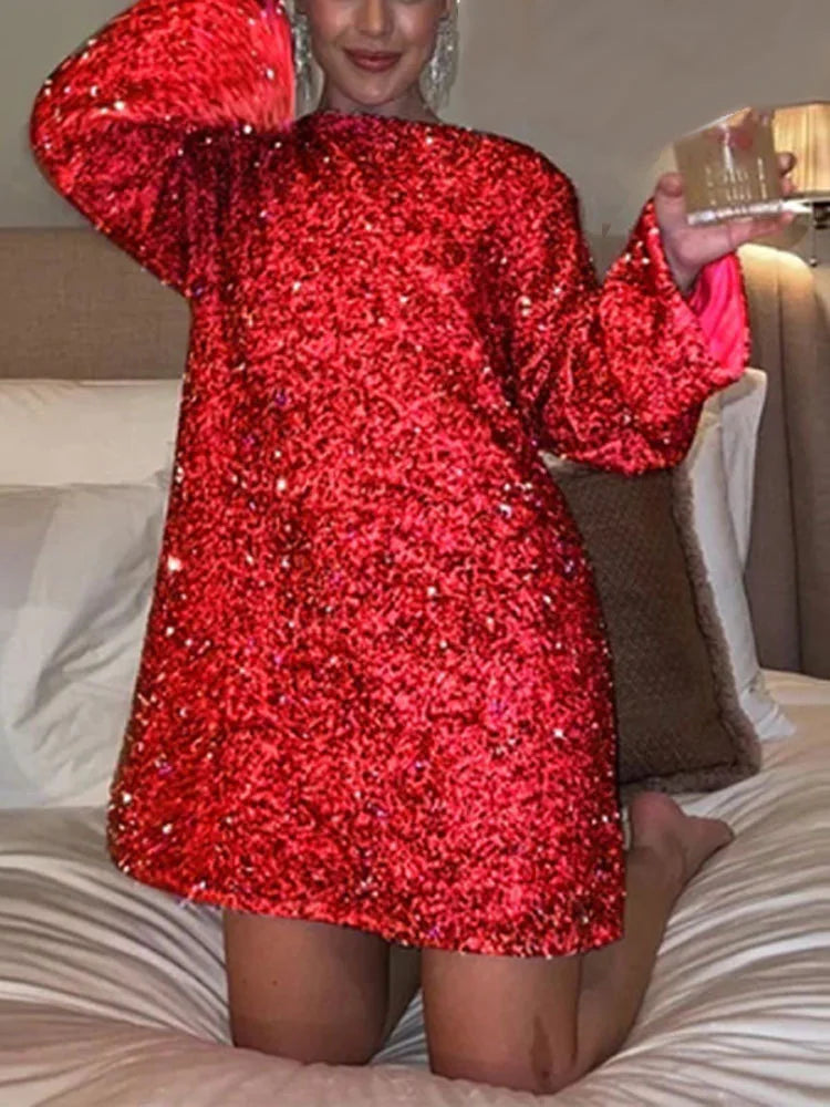 Glittering Sequined Bow-Back Long-Sleeve Special Occasion Dress
