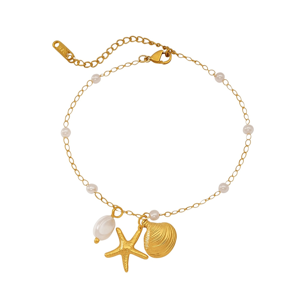 Ocean Luxe 18K Gold-Plated Pearl Anklet with Starfish and Shell Charms