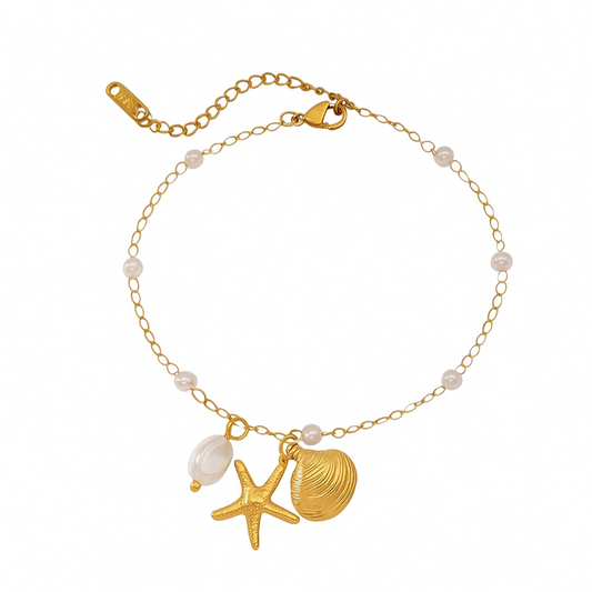 Ocean Luxe 18K Gold-Plated Pearl Anklet with Starfish and Shell Charms