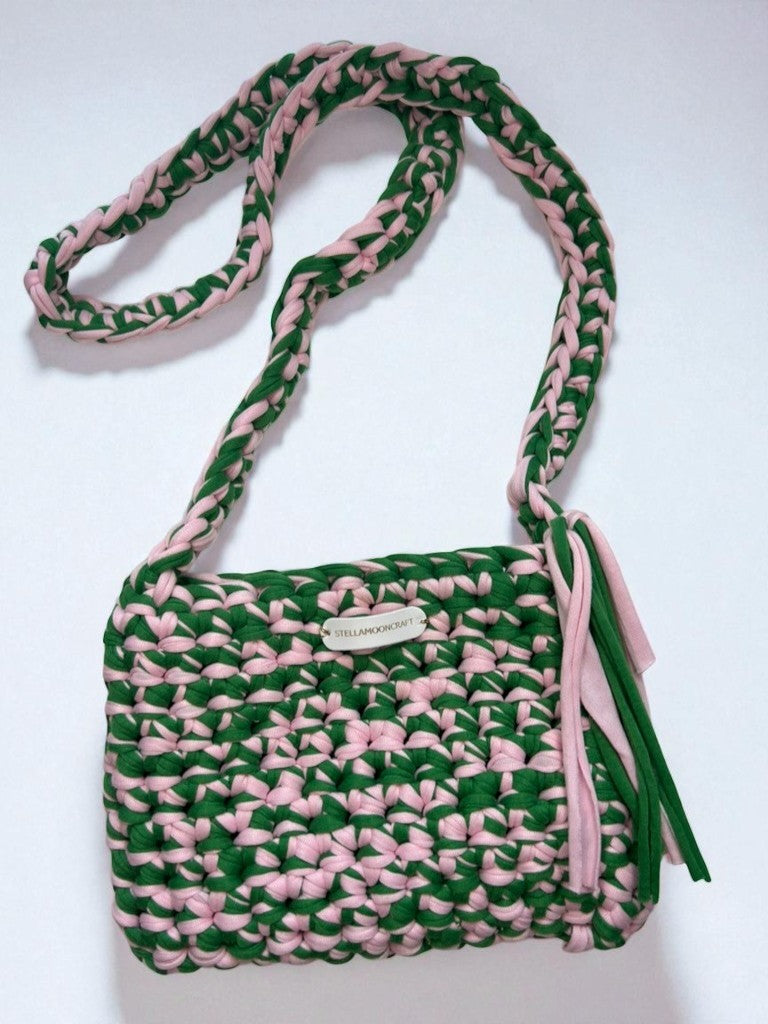 Green and Pink Crochet Bag, Handmade with T-Shirt Yarn