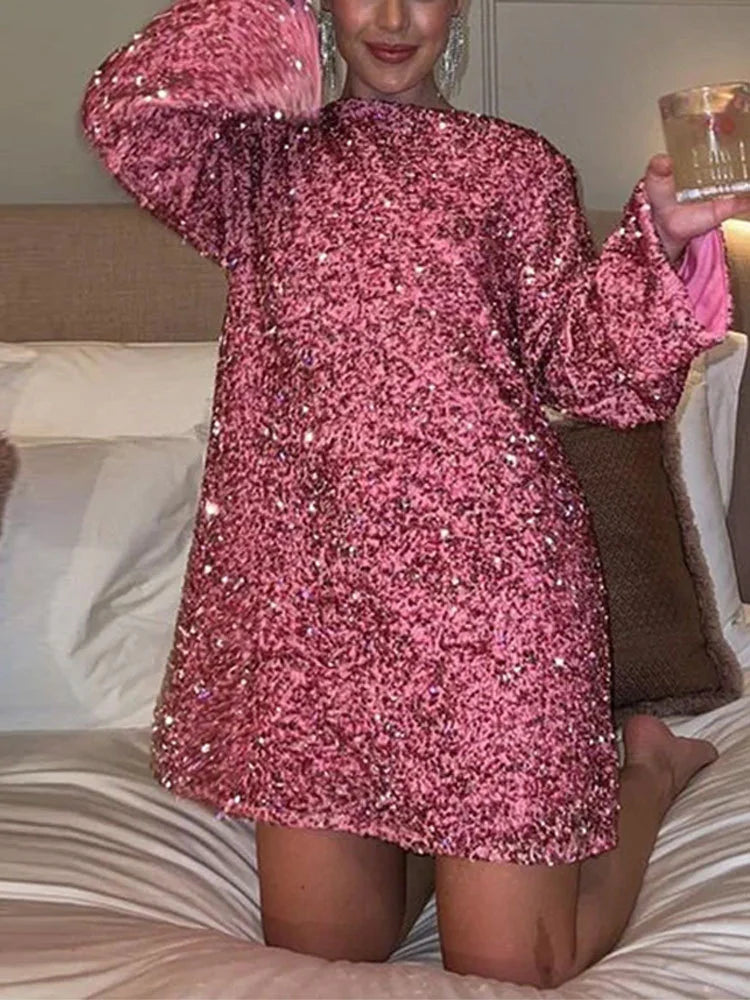 Glittering Sequined Bow-Back Long-Sleeve Special Occasion Dress