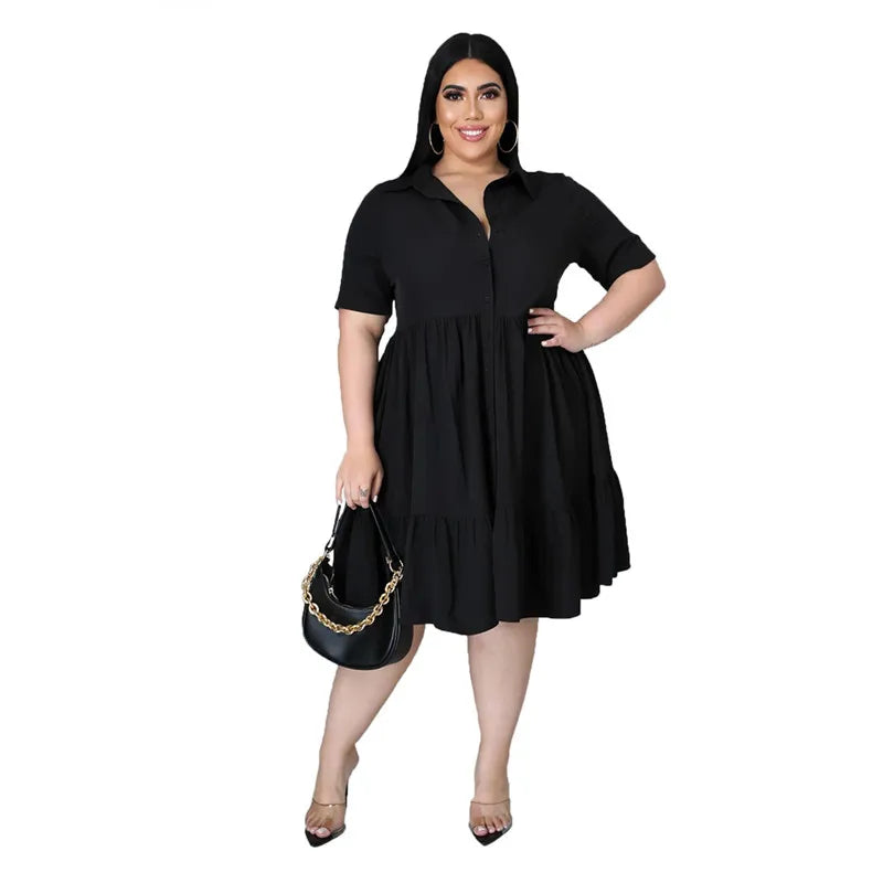 Classic Elegant Shirt Dress, Flounced Waist, Plus Sizes