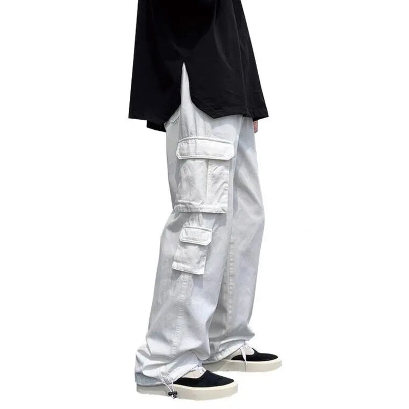 Vireous Men's Classic Wide Straight-Leg Cargo Pants in Black or White
