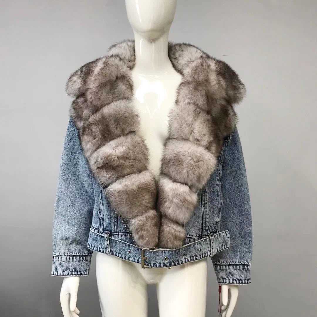 Women's Real Fox Fur Luxury Denim Short Coat