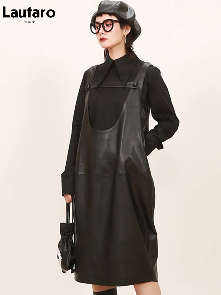 Black Faux-Leather Midi Dress, Avant Garde Loose Strap Dress, Plus Sizes