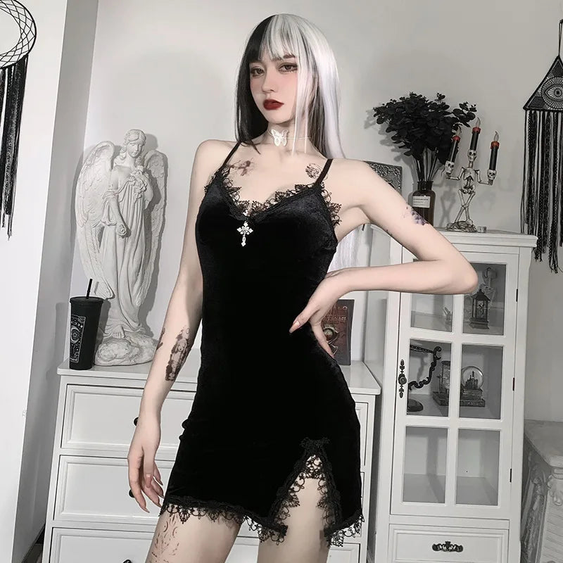 Dark Cross Goth Black Mini Dress, Party Club Dress with Cross Design