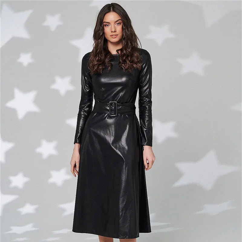 Vireous Faux Leather Long-Sleeve Elegant Dress, Round Neck, Belted