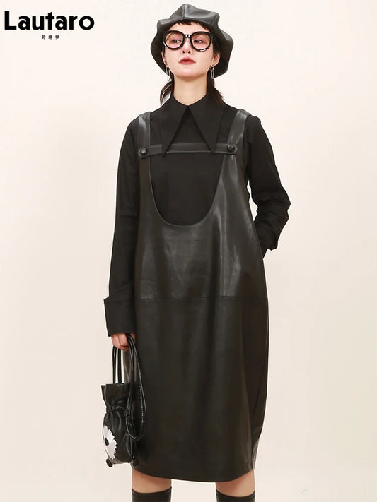 Black Faux-Leather Midi Dress, Avant Garde Loose Strap Dress, Plus Sizes