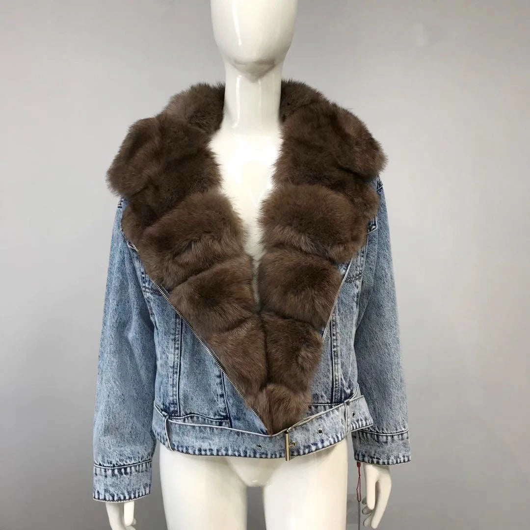 Women's Real Fox Fur Luxury Denim Short Coat