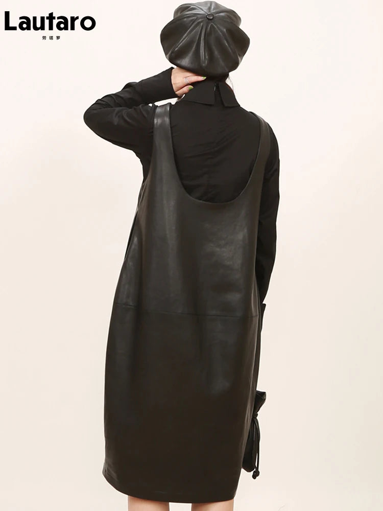 Black Faux-Leather Midi Dress, Avant Garde Loose Strap Dress, Plus Sizes