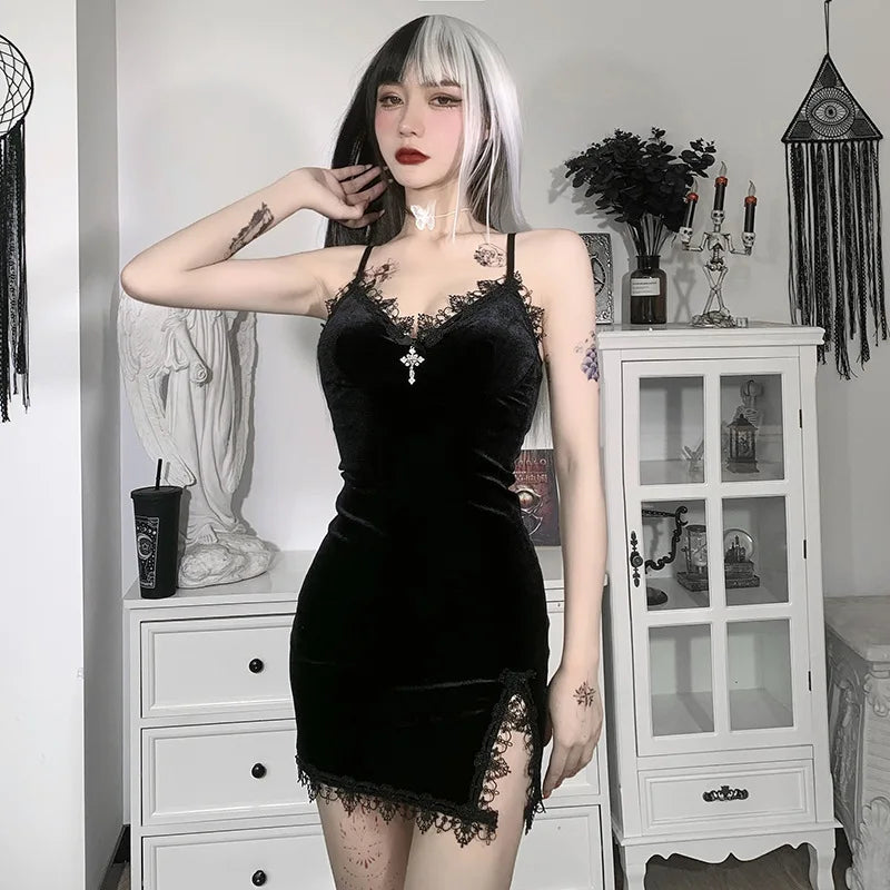 Dark Cross Goth Black Mini Dress, Party Club Dress with Cross Design