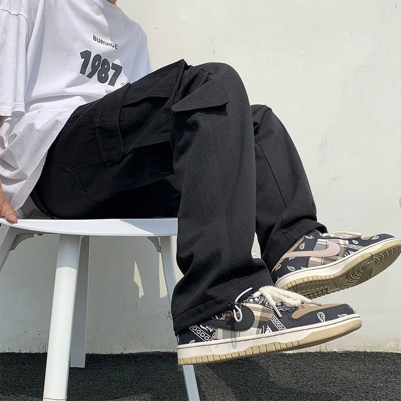 Vireous Men's Classic Wide Straight-Leg Cargo Pants in Black or White