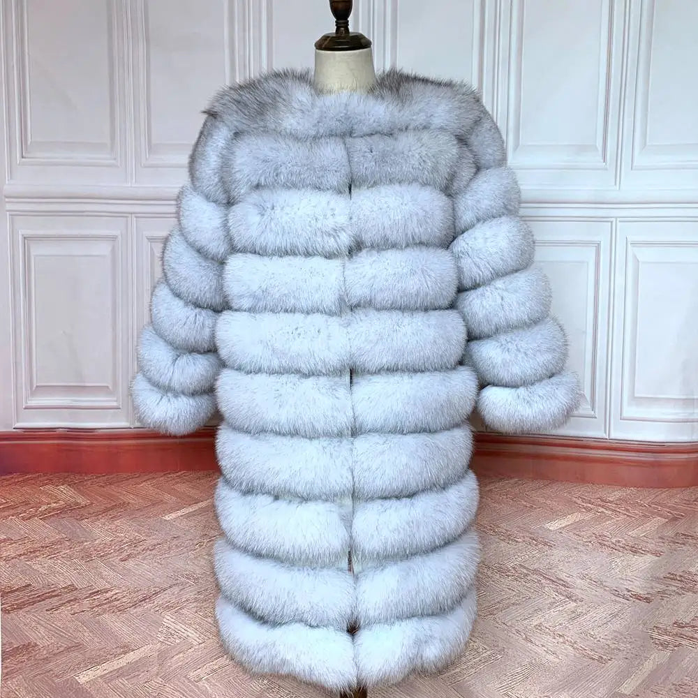 Avant Garde Ribbed Round-Neck Luxury Real Fox Fur Coat