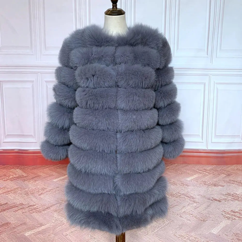 Avant Garde Ribbed Round-Neck Luxury Real Fox Fur Coat