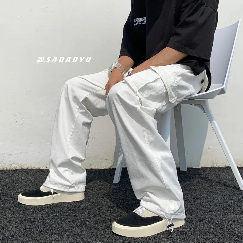Vireous Men's Classic Wide Straight-Leg Cargo Pants in Black or White