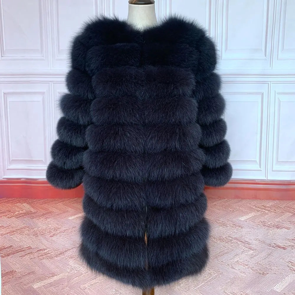 Avant Garde Ribbed Round-Neck Luxury Real Fox Fur Coat