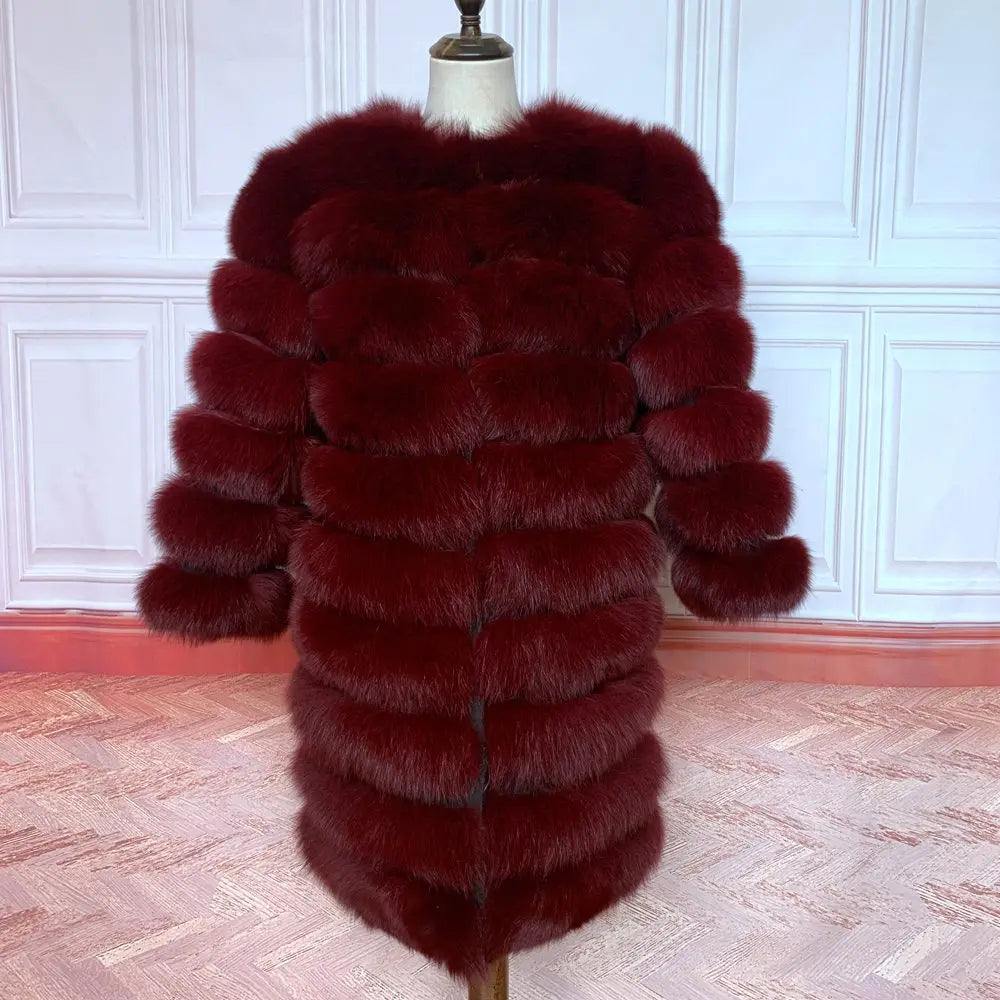 Avant Garde Ribbed Round-Neck Luxury Real Fox Fur Coat