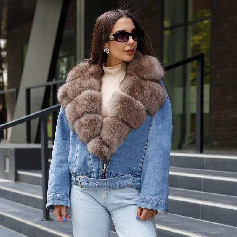 Women's Real Fox Fur Luxury Denim Short Coat