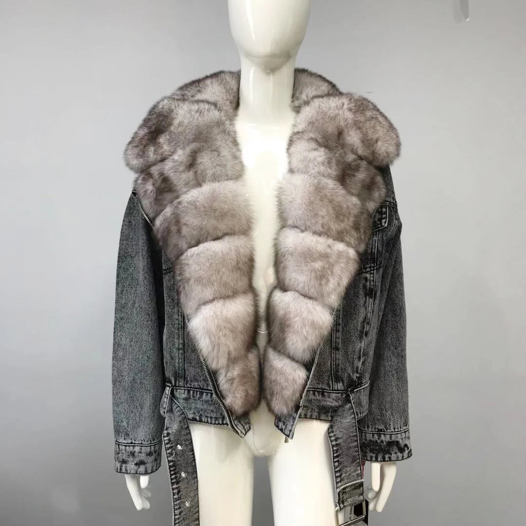 Women's Real Fox Fur Luxury Denim Short Coat