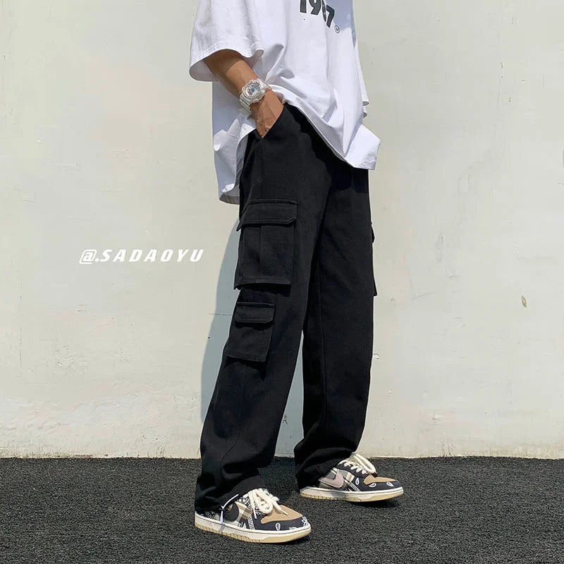 Vireous Men's Classic Wide Straight-Leg Cargo Pants in Black or White