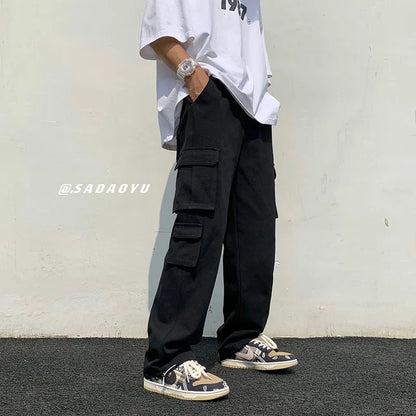 Vireous Men's Classic Wide Straight-Leg Cargo Pants in Black or White