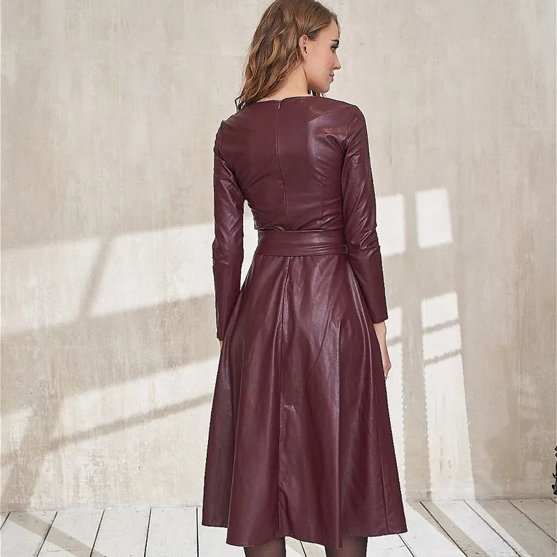 Vireous Faux Leather Long-Sleeve Elegant Dress, Round Neck, Belted