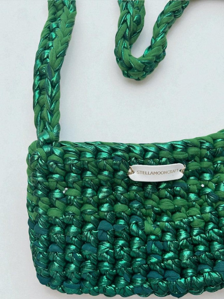 Metallic Green Handmade Crochet Festival Bag, Long Crossbody Strap