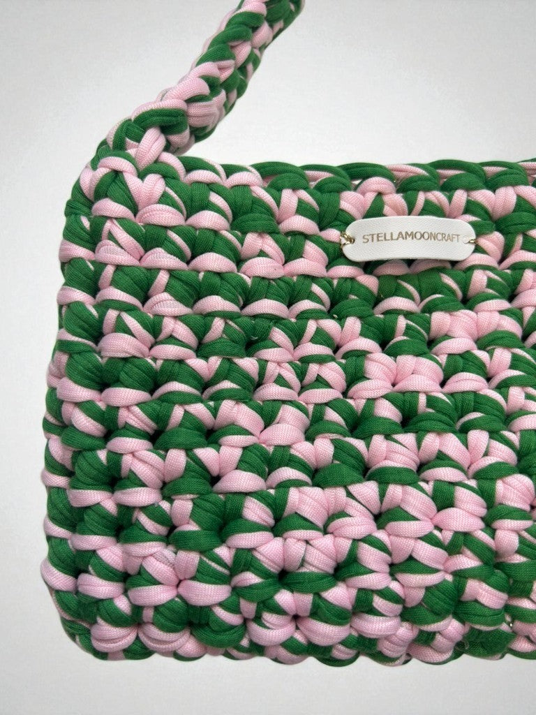 Green and Pink Crochet Bag, Handmade with T-Shirt Yarn
