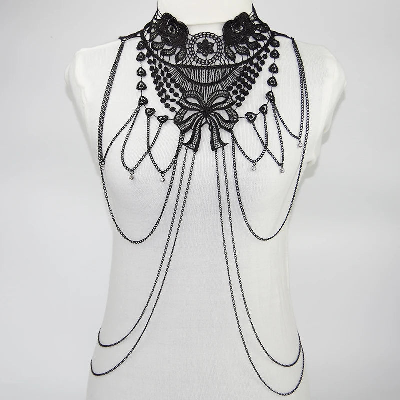 Dark Cross Black Lace  Body Chain, Layered Necklace