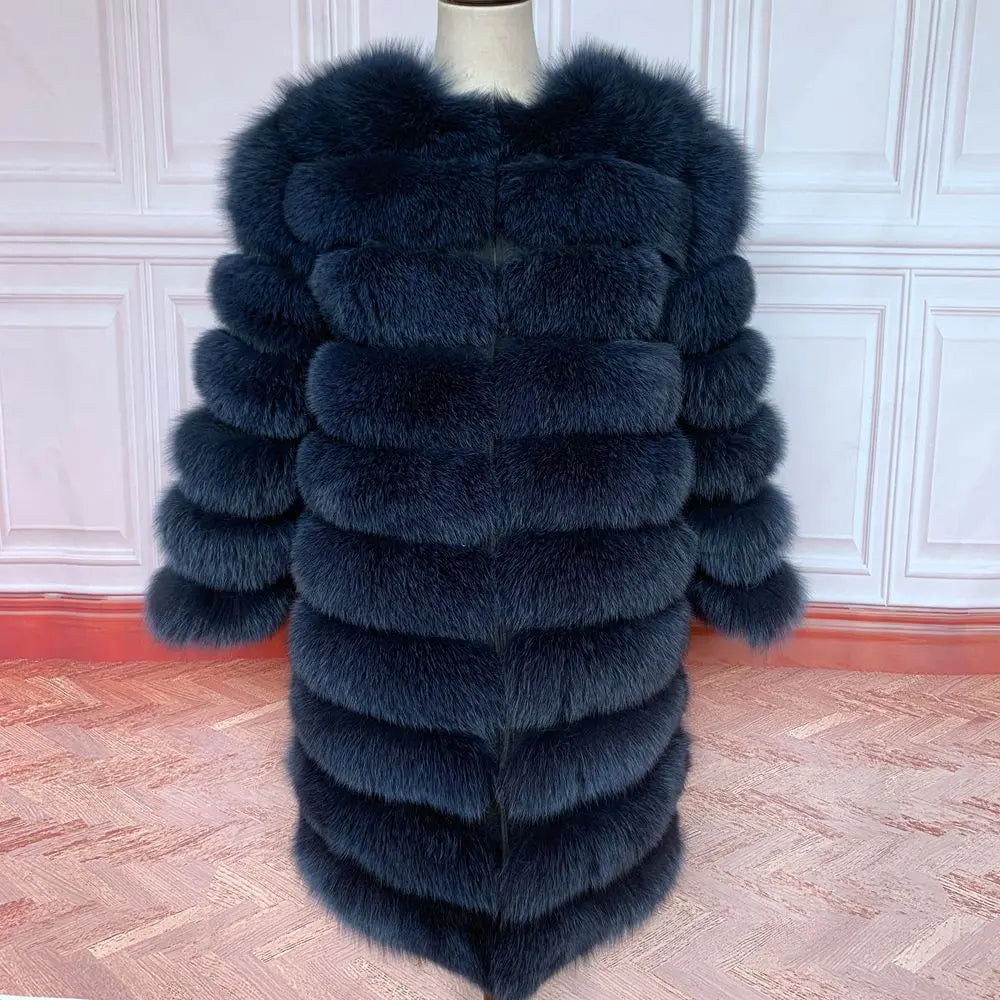 Avant Garde Ribbed Round-Neck Luxury Real Fox Fur Coat