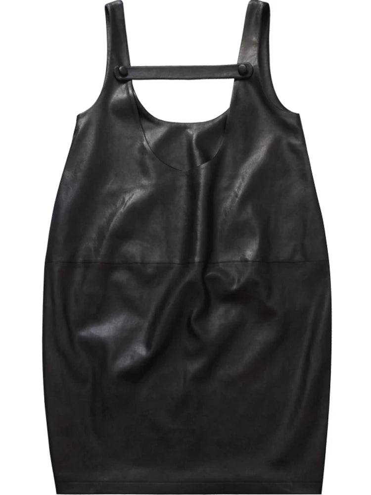 Black Faux-Leather Midi Dress, Avant Garde Loose Strap Dress, Plus Sizes