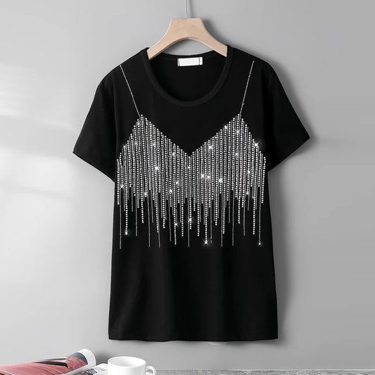Women's Diamante Night Wear, Party Wear T-Shirt with Loose Diamante Strands