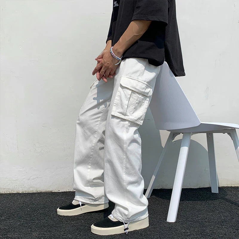 Vireous Men's Classic Wide Straight-Leg Cargo Pants in Black or White
