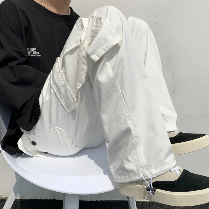 Vireous Men's Classic Wide Straight-Leg Cargo Pants in Black or White