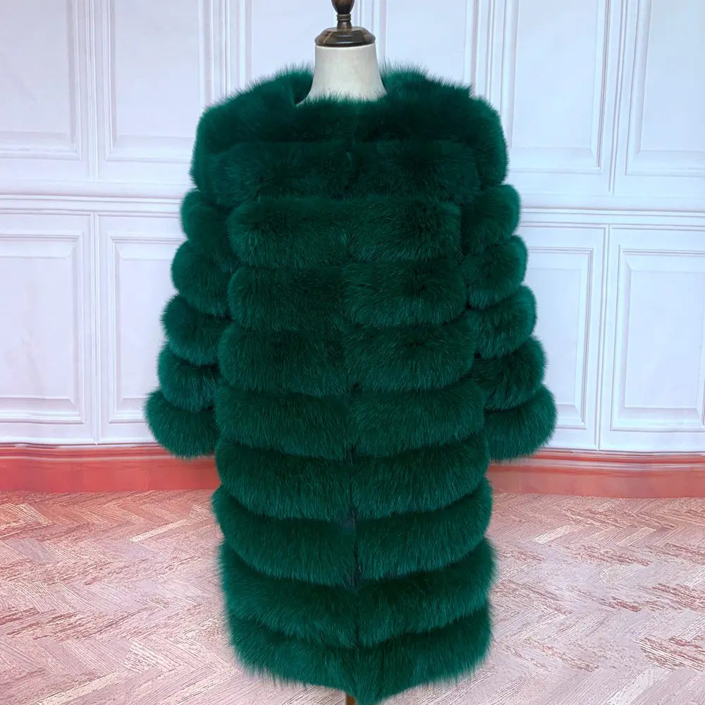 Avant Garde Ribbed Round-Neck Luxury Real Fox Fur Coat