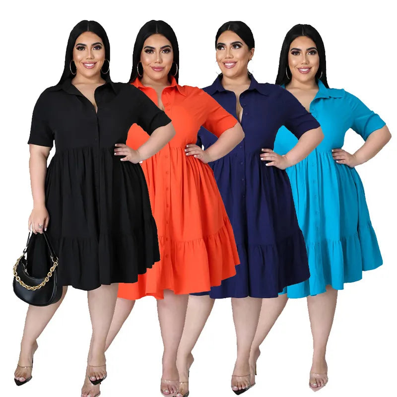 Classic Elegant Shirt Dress, Flounced Waist, Plus Sizes