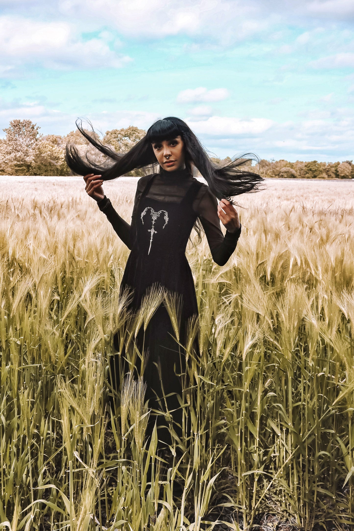 Dark in Love Lux Black Velvet Horn Embroidery Maxi Dress