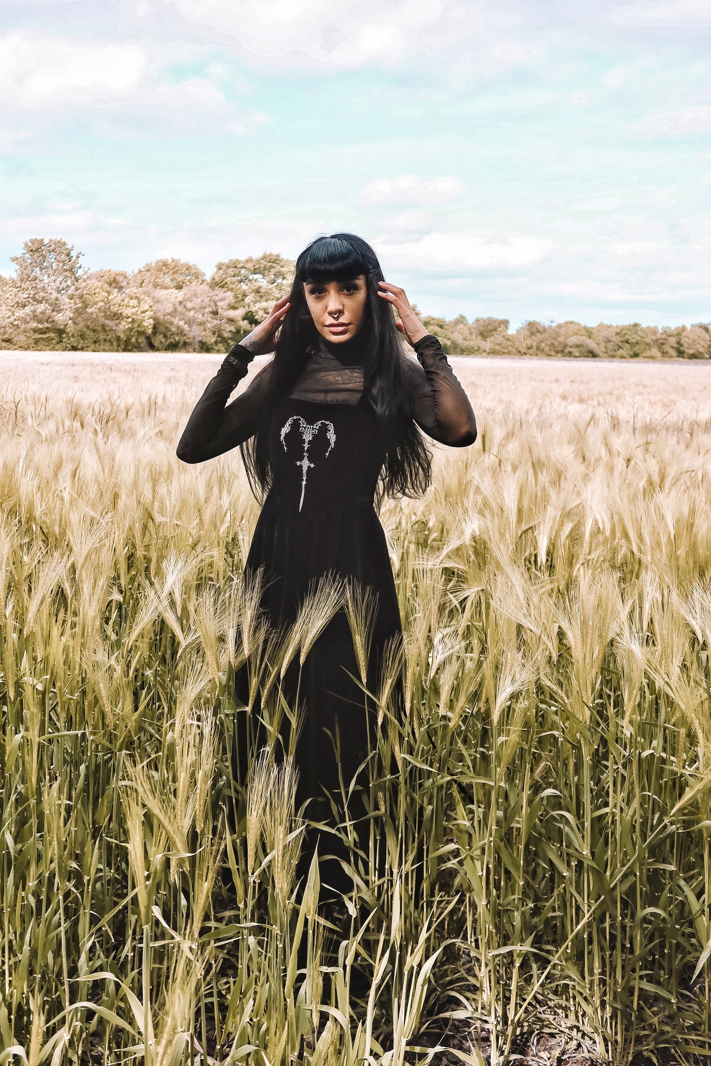 Dark in Love Lux Black Velvet Horn Embroidery Maxi Dress