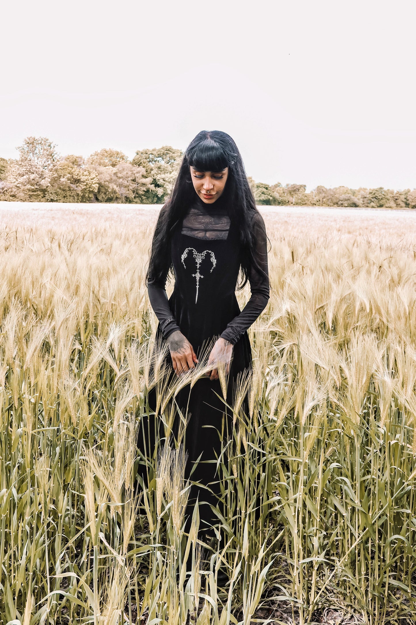 Dark in Love Lux Black Velvet Horn Embroidery Maxi Dress