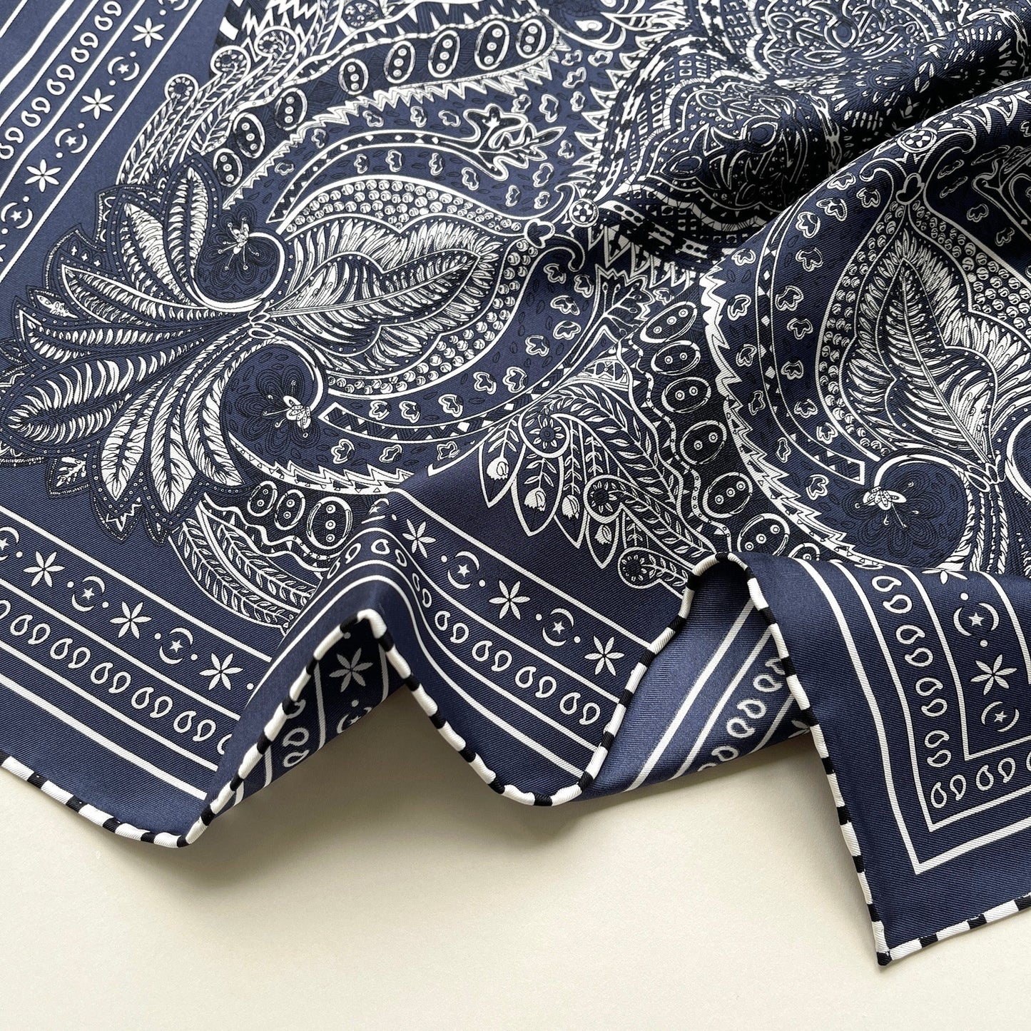 Navy Heritage Paisley Silk Scarf, 53cm Hand-Rolled Unisex Bandana