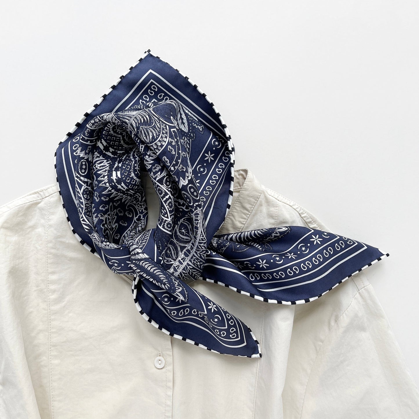 Navy Heritage Paisley Silk Scarf, 53cm Hand-Rolled Unisex Bandana