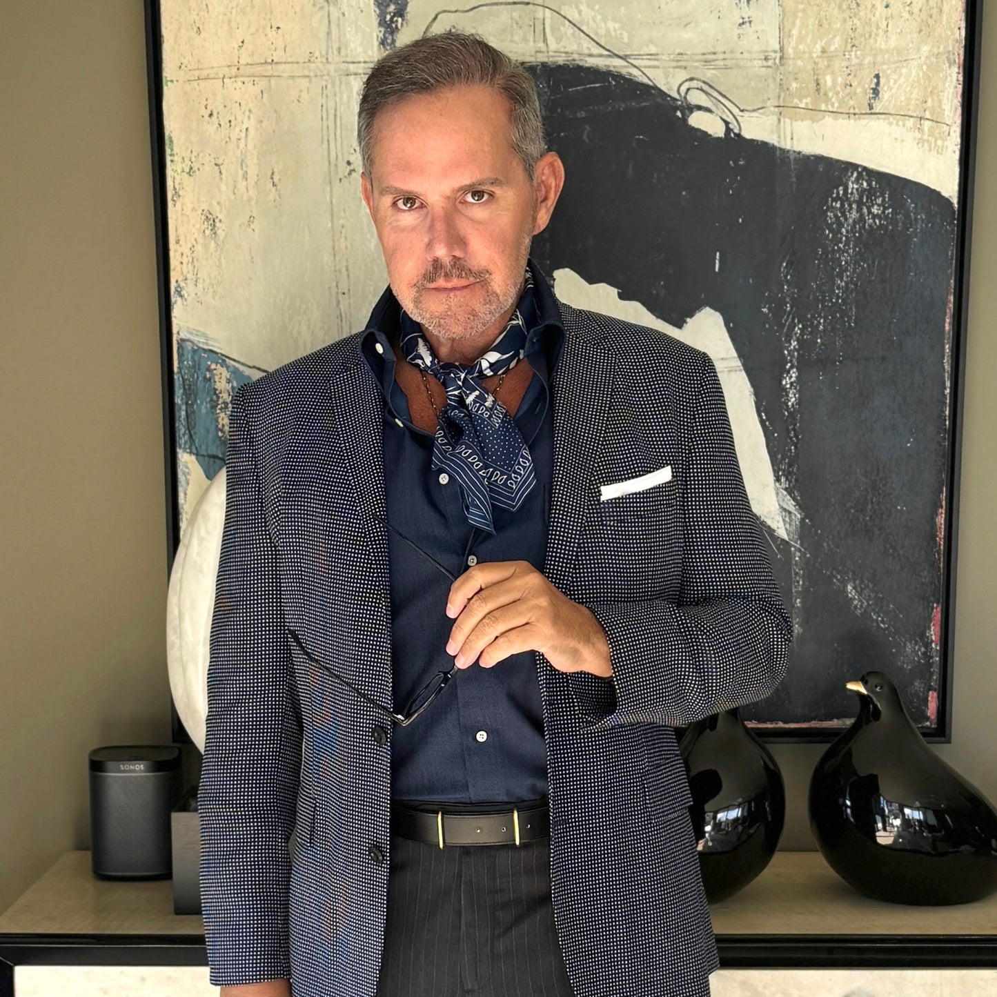 Blue Kyoto Bloom Silk Scarf, Men's 65cm Neckerchief