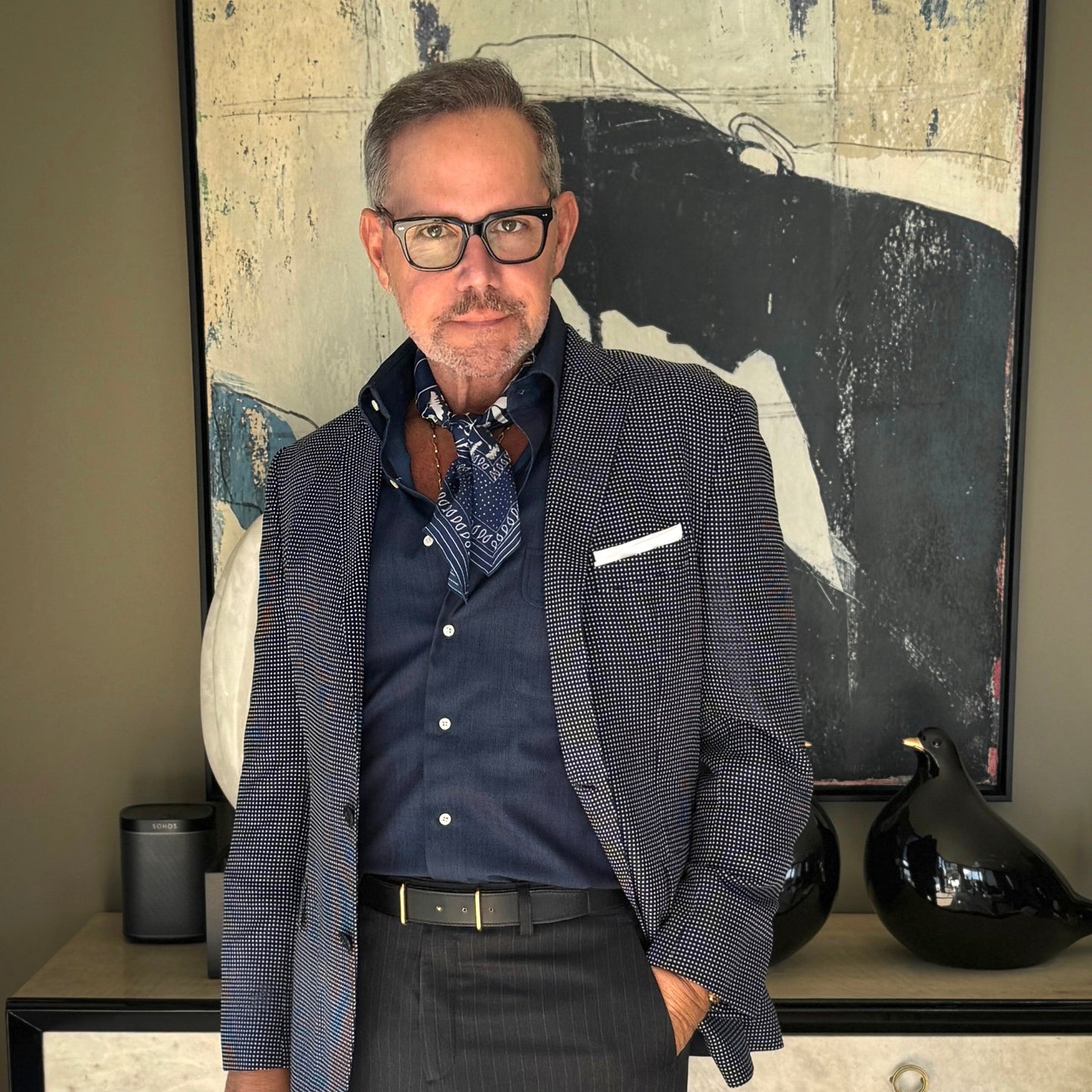 Blue Kyoto Bloom Silk Scarf, Men's 65cm Neckerchief