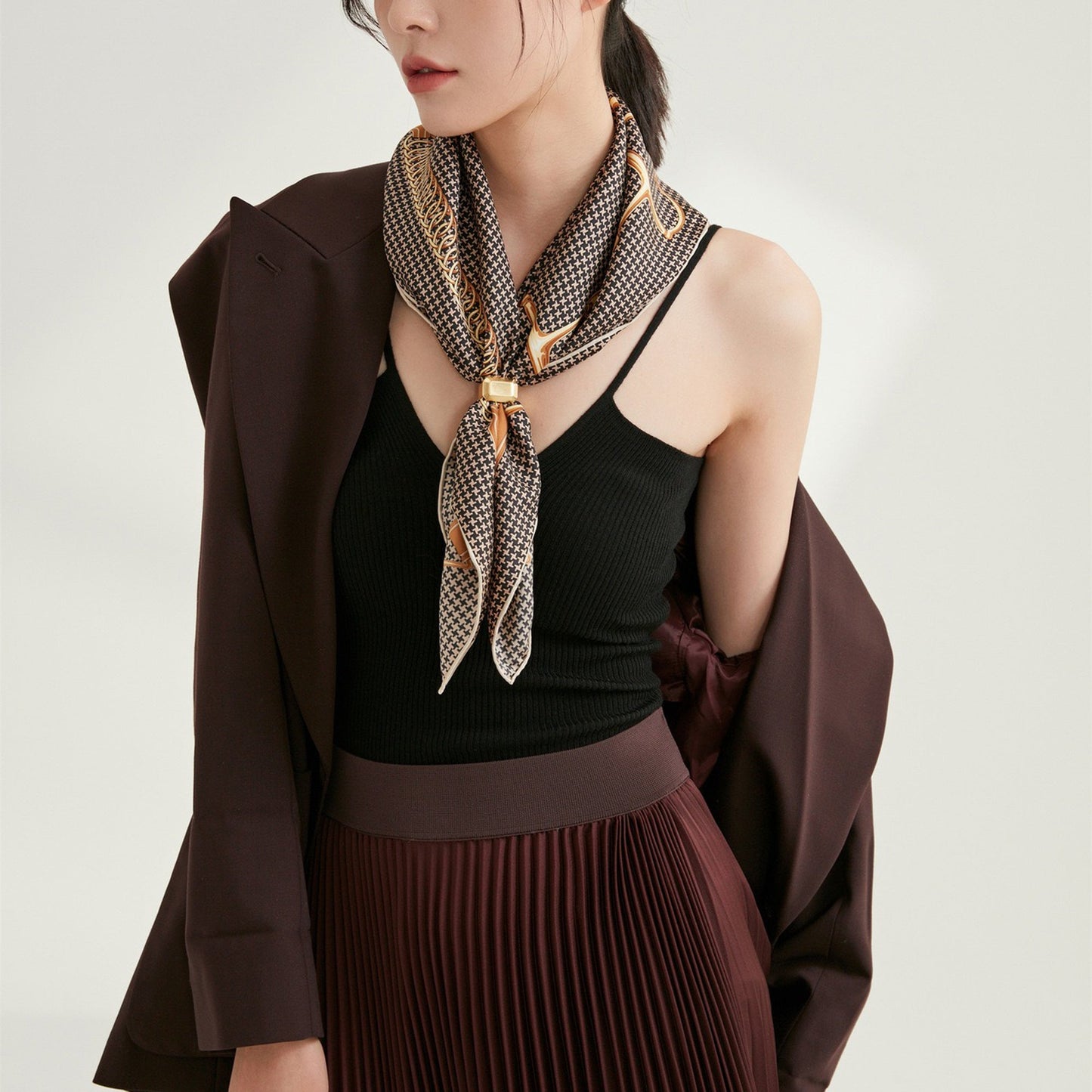 Classic Houndstooth Silk Scarf, Hand-Rolled Square Bandana, Black and Beige