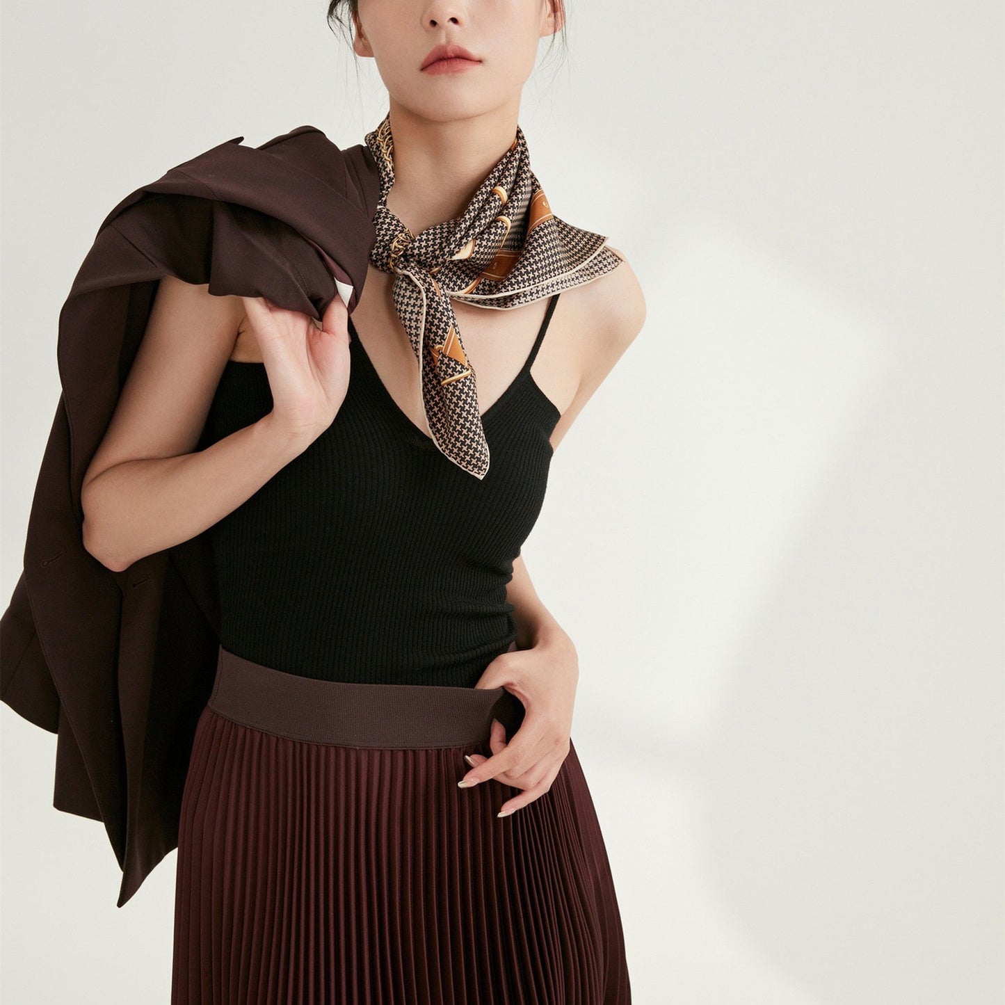 Classic Houndstooth Silk Scarf, Hand-Rolled Square Bandana, Black and Beige