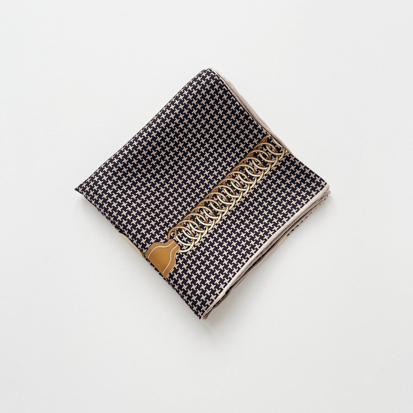 Classic Houndstooth Silk Scarf, Hand-Rolled Square Bandana, Black and Beige