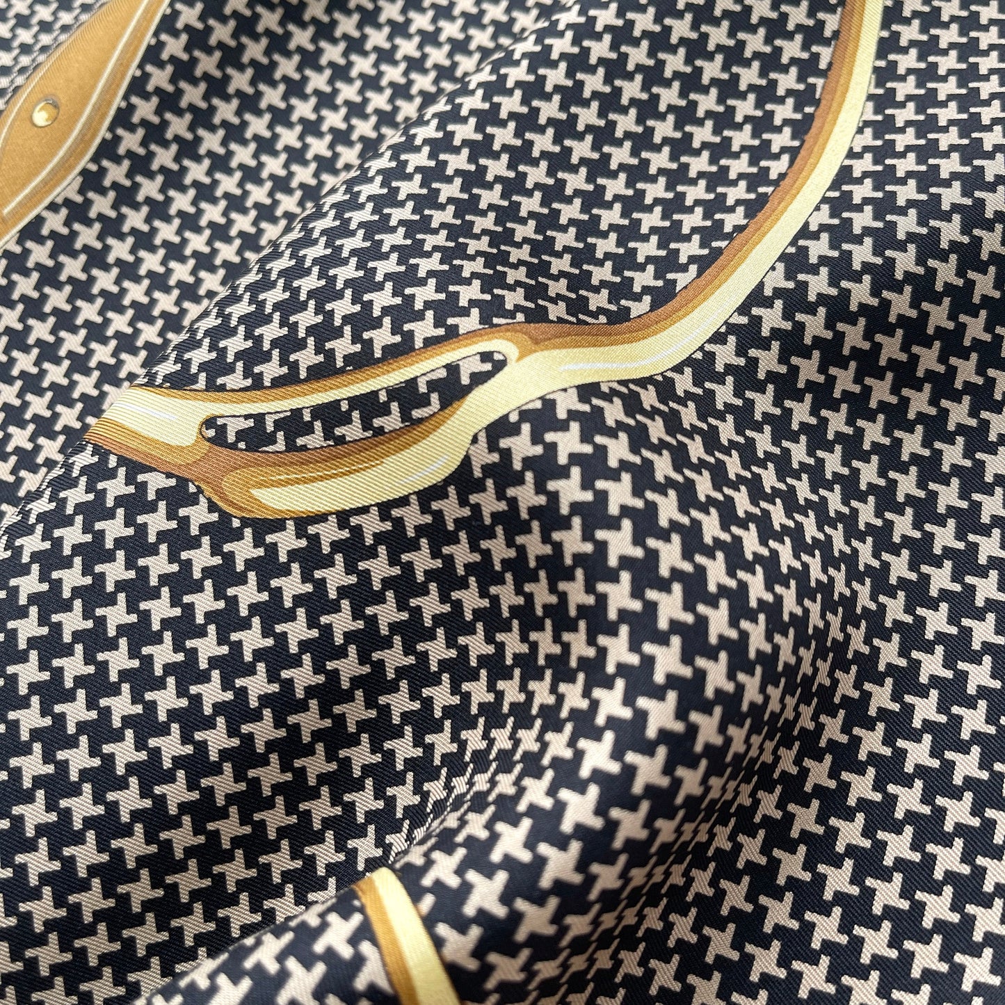 Classic Houndstooth Silk Scarf, Hand-Rolled Square Bandana, Black and Beige